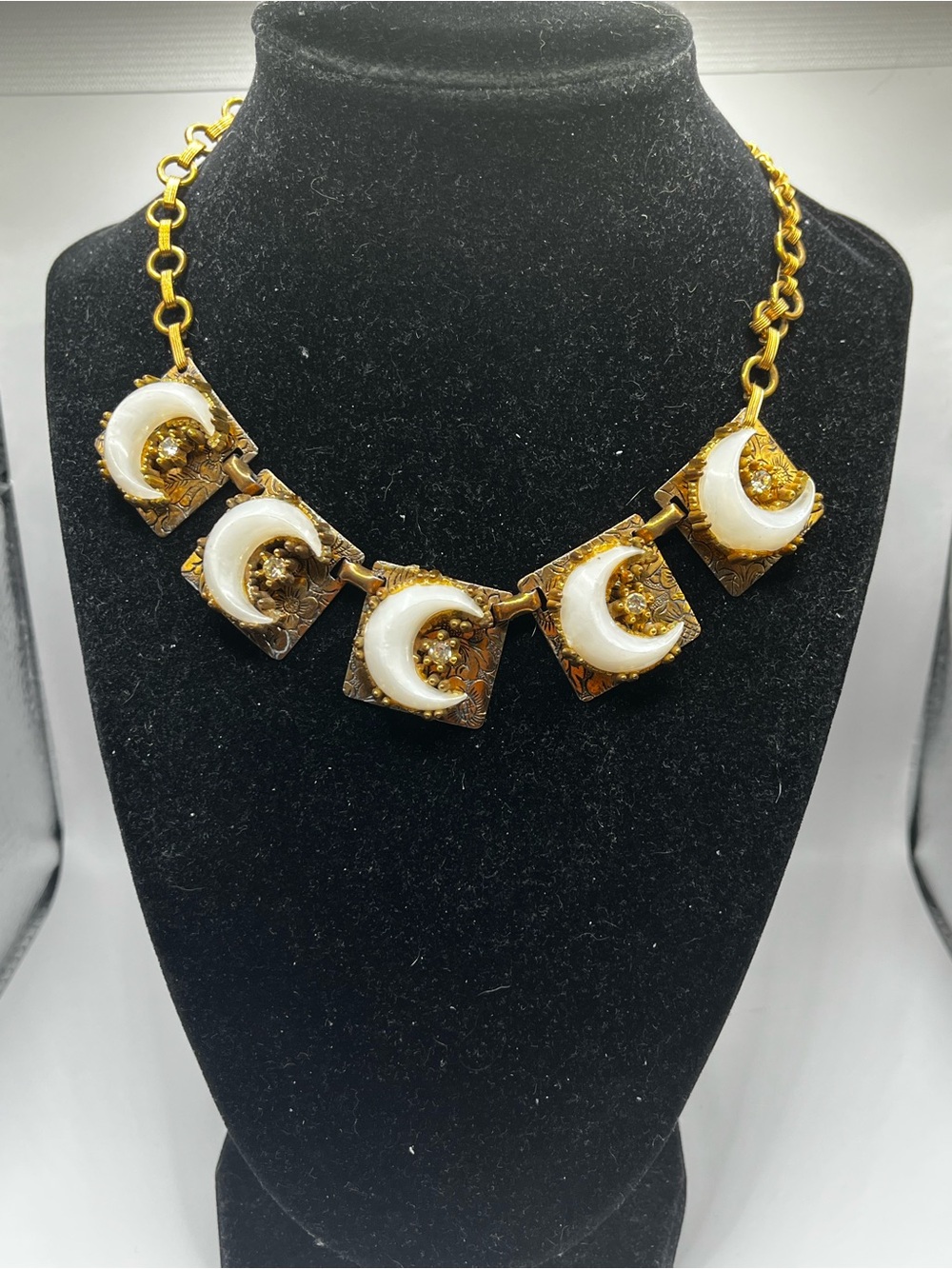 vintage 1950s celestial bib necklace copper-tone square panels